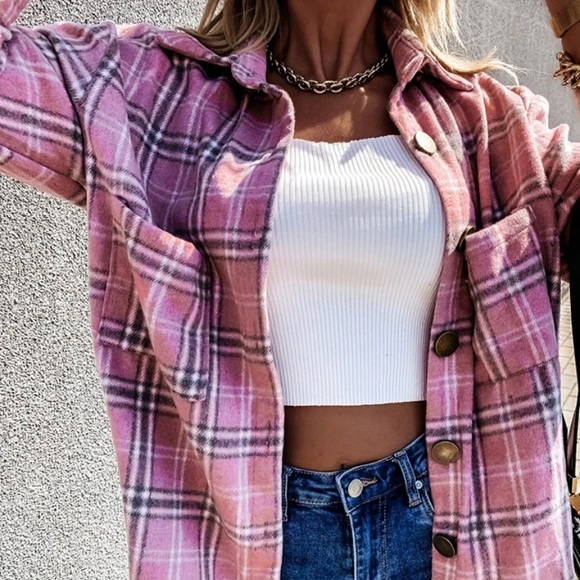 New Plaid Stripe Pink Flannel Shirt Jacket Shacket - Picture 5 of 8